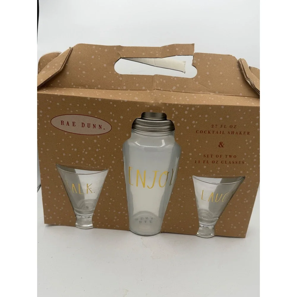 NIB Rae Dunn Enjoy Talk Laugh Clear Glass Cocktail Shaker Martini Glasses Set